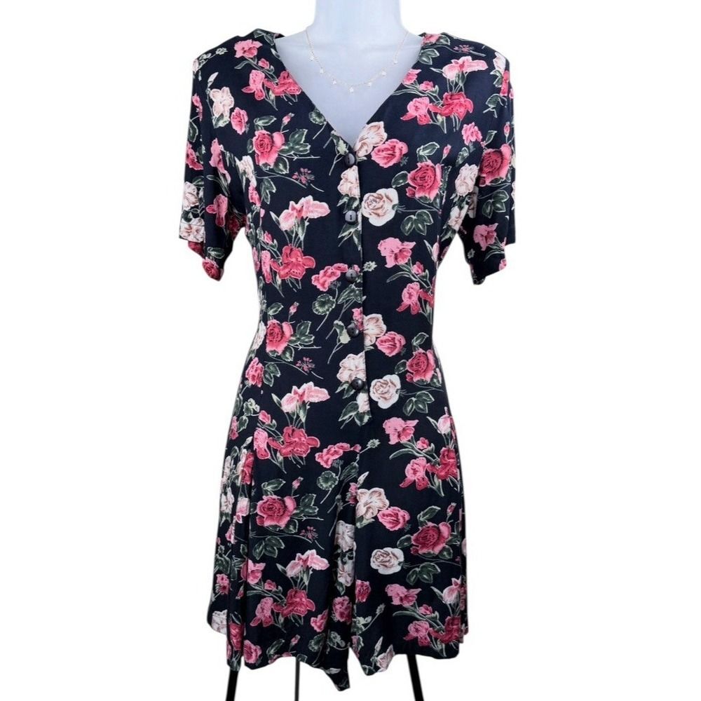 Vintage 90s Styleworks Floral Button Front Rayon Romper Jumpsuit Size 10 Navy